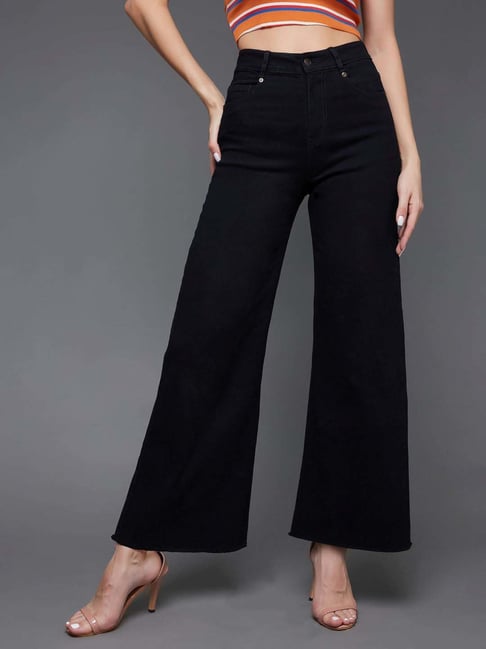 Miss Chase Black High Rise Clean Look Regular Length Stretchable Wide Leg Denim Jeans-picture-13