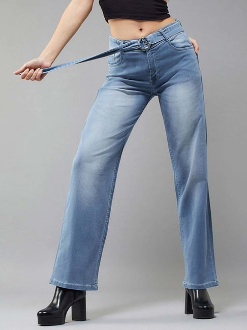 Miss Chase Blue Cotton Wide Leg Relaxed Mid Rise Regular Length Stretchable Denim Jeans-picture-16