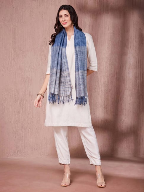 Fabindia Blue Silk Checks Stole-picture-42
