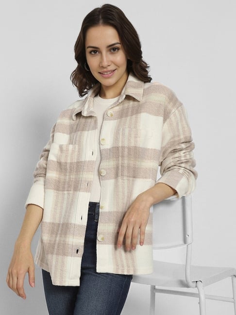 American Eagle Women's Grey Shacket Oversized Plaid Jacket