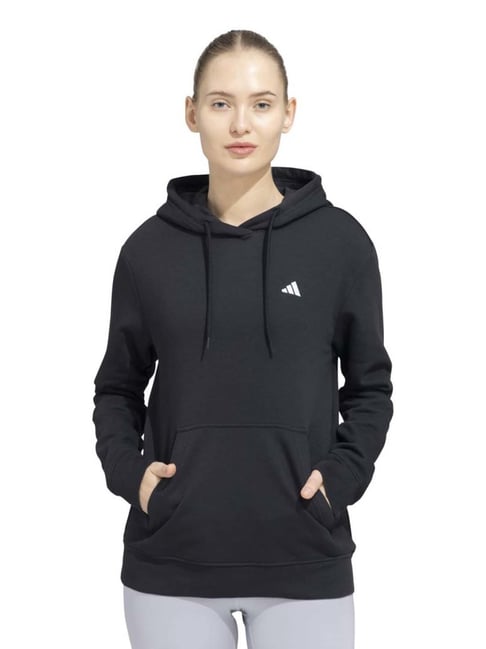 ADIDAS Black Cotton Plain Sports Hoodie-image-45