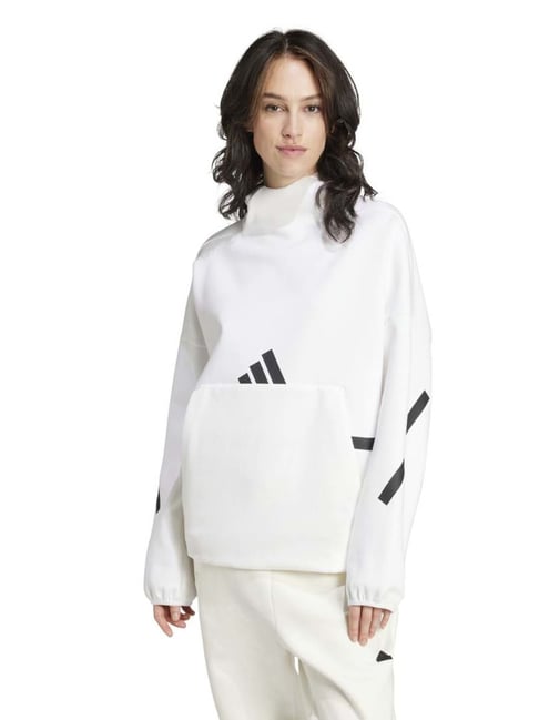 ADIDAS White Plain Sports Hoodie-image-10