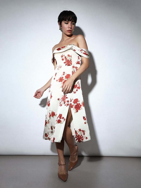white off the shoulder dress with red flowers Elegant 3D flowers Off Shoulder White Evening Dress SF206