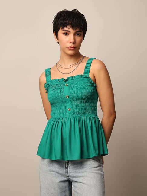 Only Green Smocked Peplum Top