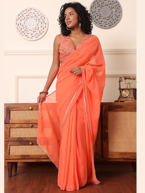 Kaanchie Nanggia Peach Cotton Regular Fit Embroidered Saree-picture-32