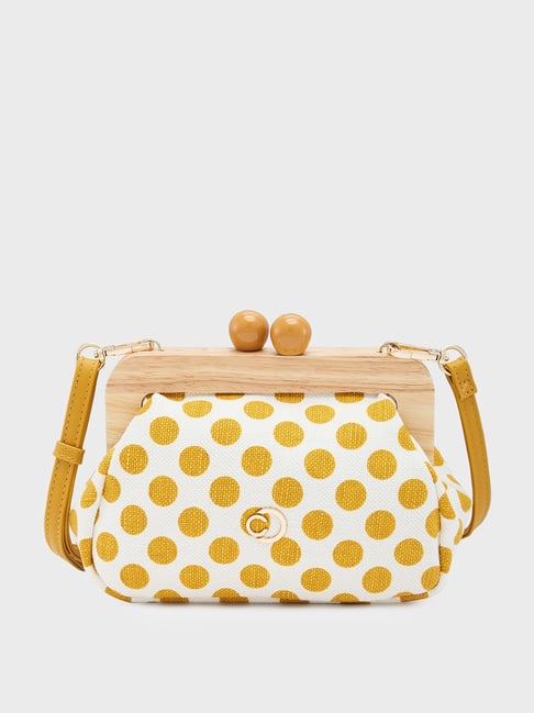 Caprese Yellow White Printed Large Clutch