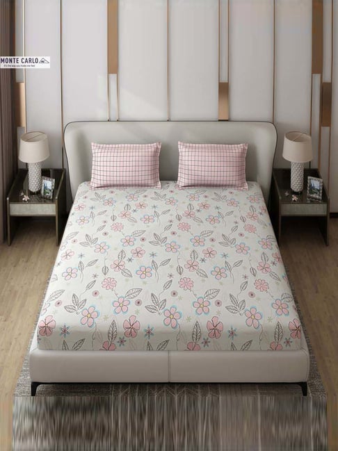 Monte Carlo Edmond White & Pink Polyester 130 TC Queen Bedsheet with 2 Pillow Covers-picture-10