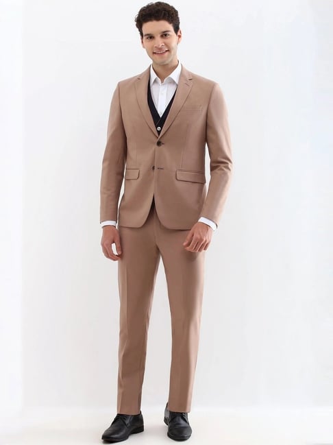 Allen Solly Brown Slim Fit Three Piece Suit