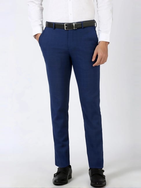 Peter England Blue Slim Fit Checks Trousers-picture-26