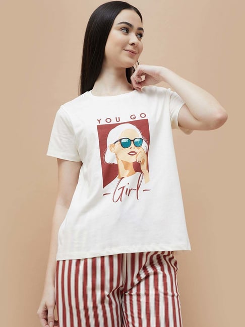 Ginger by Lifestyle White Cotton Printed T-Shirt
