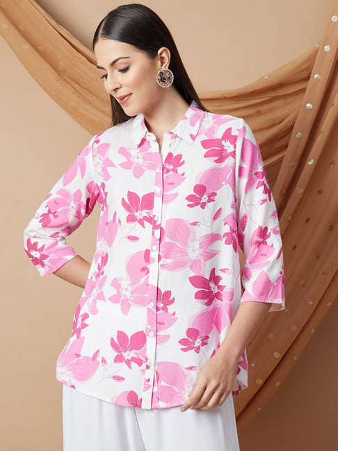 Melange by Lifestyle Pink Rayon Regular Fit Floral Kurti-picture-39