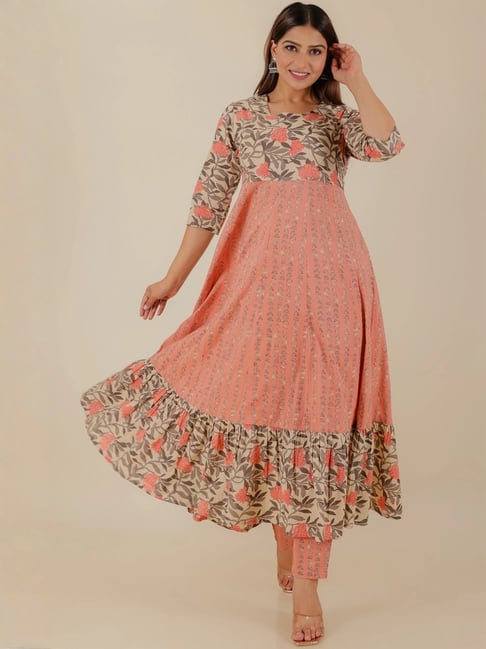 Buy Aramya Orange Soft Cotton Anarkali Floral Print Kurta Set Online @ Tata  CLiQ Luxury