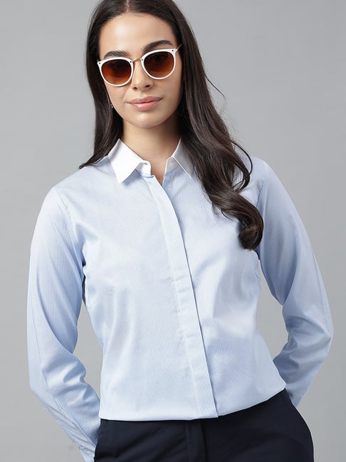 Hancock Blue & White Pure Cotton Vertical Pin Striped Regular Fit Formal Shirt-picture-10