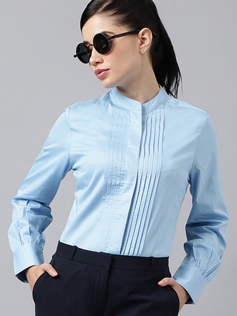 Hancock Blue Solid Regular Fit Pure Cotton Satin Pintucked Formal Shirt-picture-35