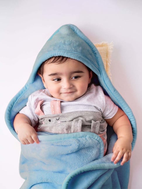 Haus & Kinder Blue Polyester 450 GSM Baby Hooded Blanket
