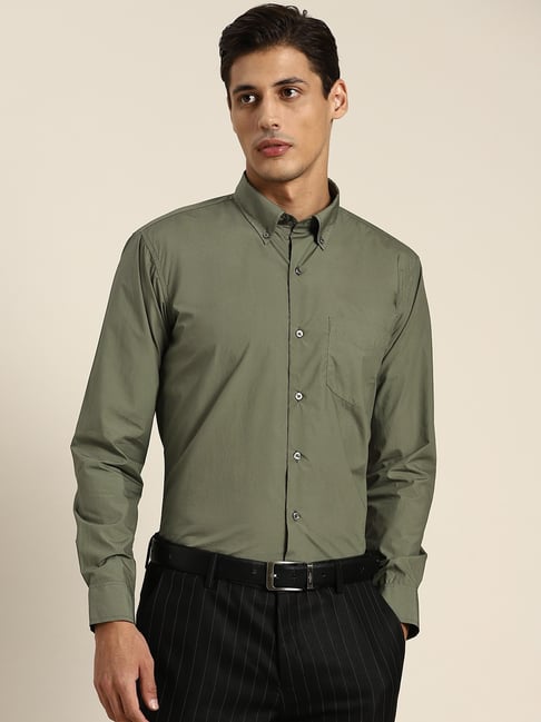 Hancock Dark Green Cotton Slim Fit Shirt
