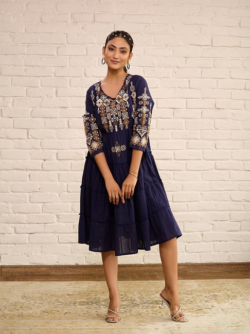 Zolo Label Navy Blue Cotton Regular Fit Casual Dress Embroidery