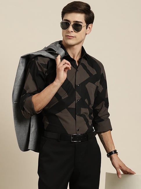 Hancock Black & Grey Cotton Slim Fit Printed Shirt-picture-26