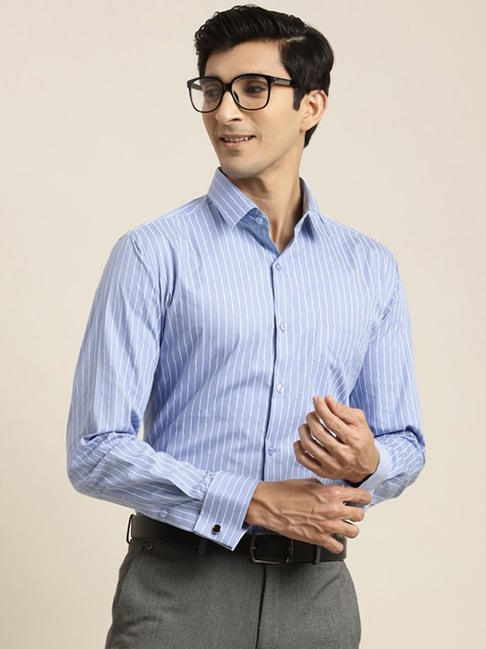 Hancock Blue Cotton Slim Fit Striped Shirt