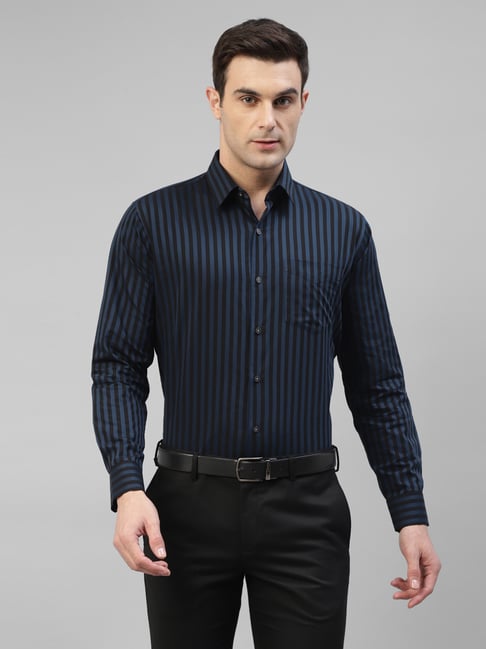 Hancock Blue & Black Cotton Slim Fit Striped Shirt-picture-28