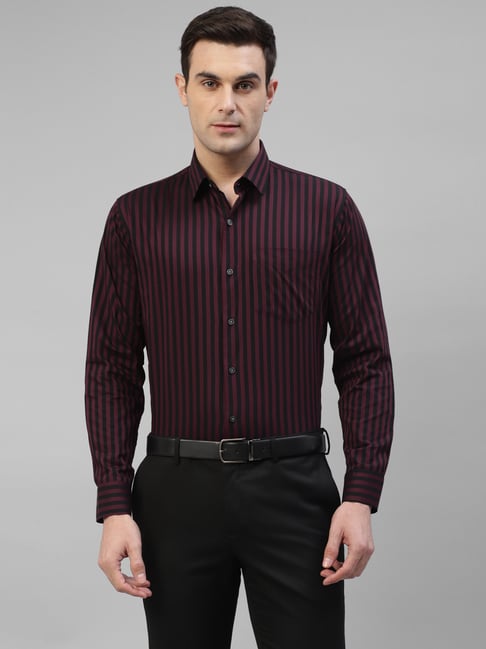 Hancock Maroon & Black Cotton Slim Fit Striped Shirt-picture-27
