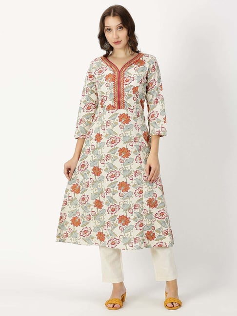 Saffron Threads Beige Cotton Printed Straight Kurta-picture-34