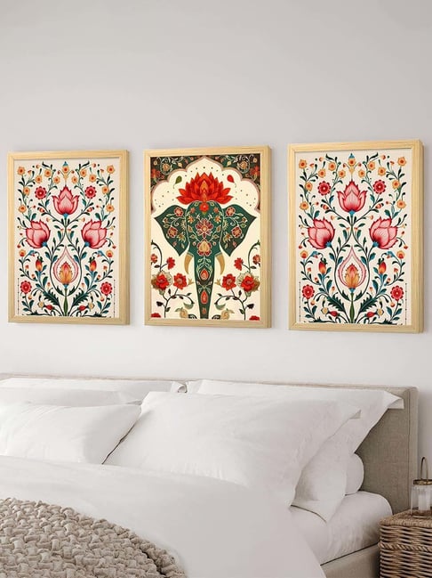 Art Street Multicolor Synthetic Wood Indian Floral Painting Wall Art Print - Set of 3-picture-25