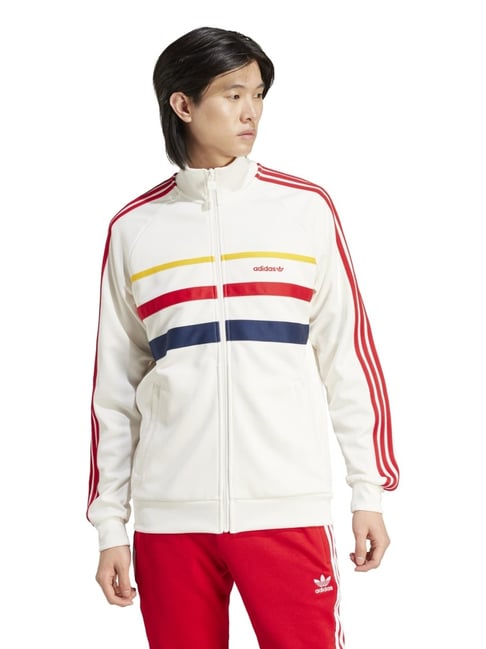 Adidas Originals White Regular Fit Striped Sports Jacket