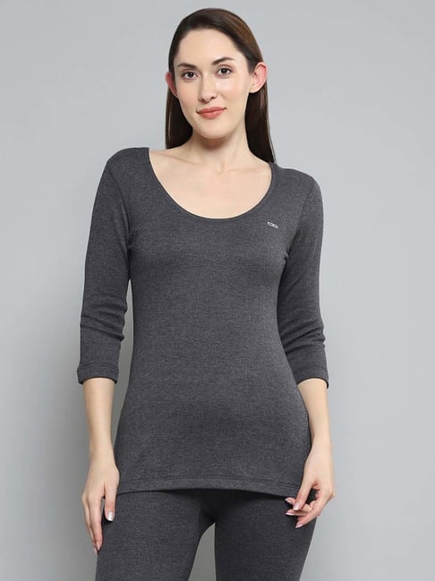 Monte Carlo Women's Charcoal Solid Round Neck 4Th Sleeve Thermal Top