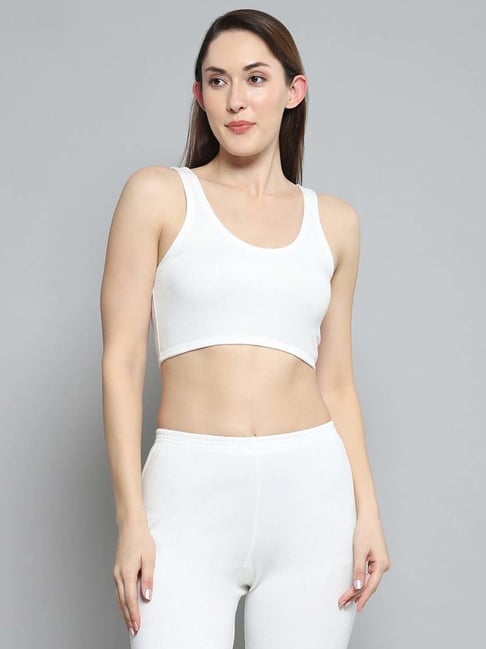 Buy Monte Carlo Women's White Solid Round Neck Sleeveless Thermal