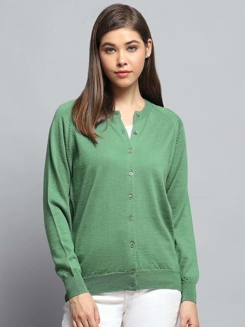 Monte Carlo Women's Green Solid Round Neck Full Sleeve Cardigan