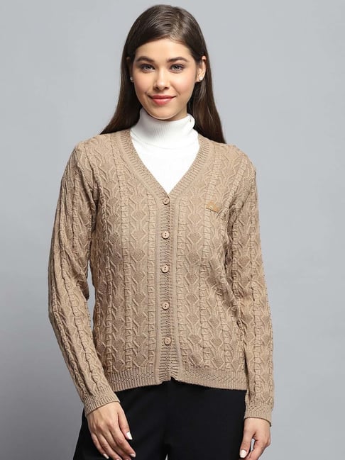 Monte Carlo Women's Brown Self Design V Neck Full Sleeve Cardigan
