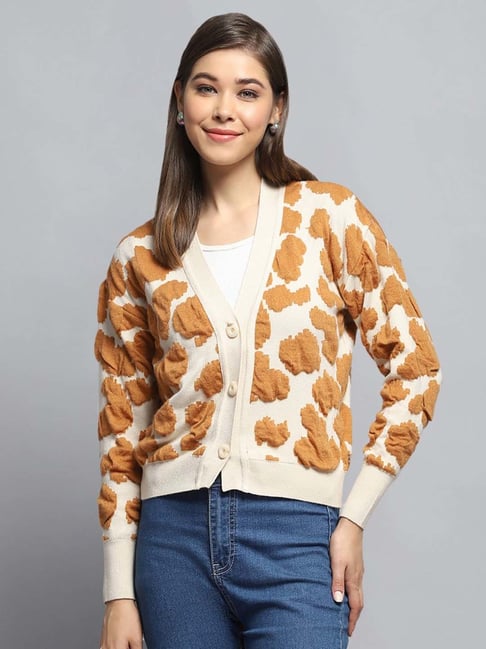 Monte Carlo Women's Off White Self Design V Neck Full Sleeve Cardigan-picture-25