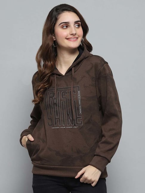 Monte Carlo Women's Dark Brown Printed Hooded Neck Full Sleeve Sweatshirt-picture-16
