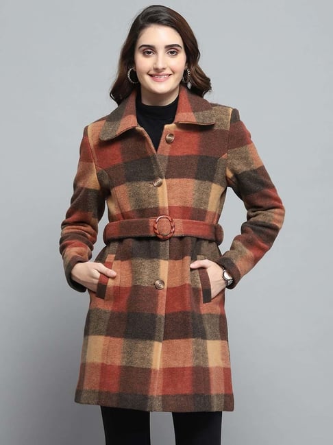 Monte Carlo Women's Rust Check Collar Full Sleeve Coat