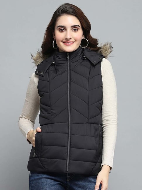 Monte Carlo Women's Black Solid Detachable Hood Sleeveless Jacket-picture-34