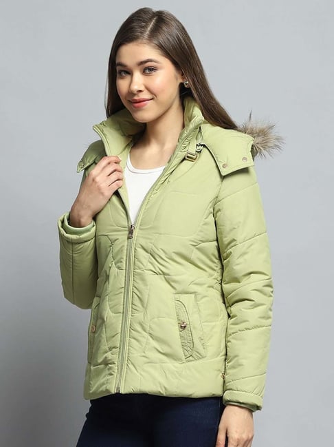 Monte Carlo Women's Green Self Design Detachable Hood Full Sleeve Jacket
