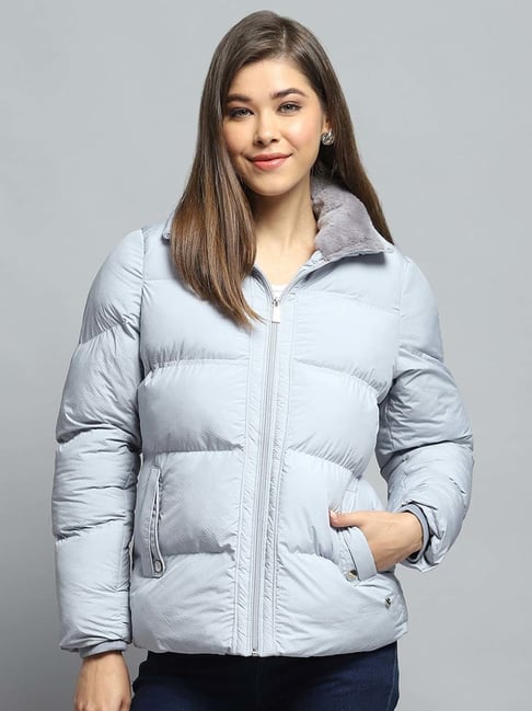 Monte Carlo Women's Grey Self Design Collar Neck Full Sleeve Jacket