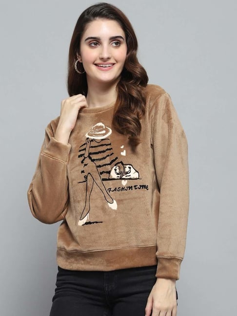 Monte Carlo Women's Khaki Printed Round Neck Full Sleeve Sweatshirt-picture-36