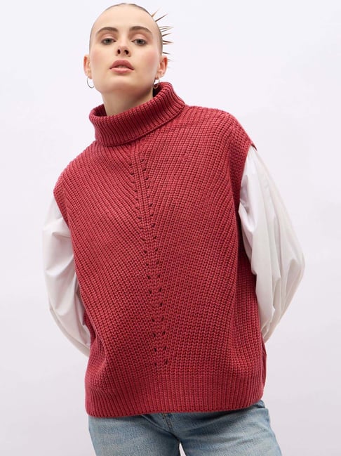 Knitted Sweaters Express Red Sweater Styli Red Self Design Sweater