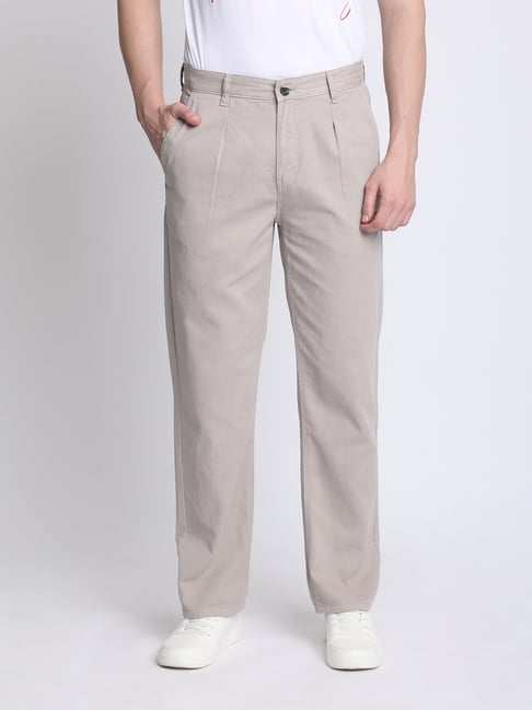 IVOC Grey Straight Fit Pleated Mid-Rise Chinos