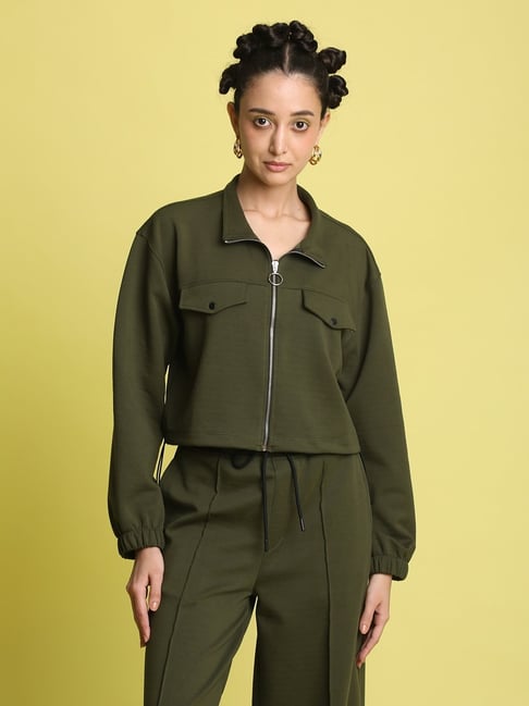 Bene Kleed Green Cotton Crop Open Front Jacket with Embroidered-picture-39