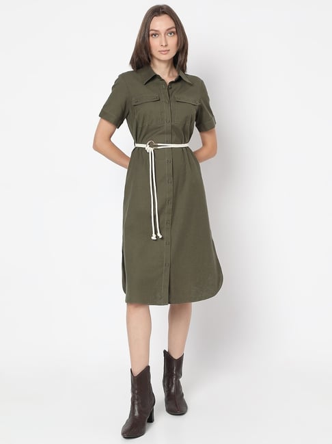 Vero Moda Green Cotton Solid Short sleeve Midi Dress