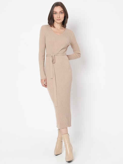 Vero Moda Beige Solid Full Sleeves Midi Dress