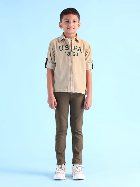Polo Boys Beige Cotton Self Shirt