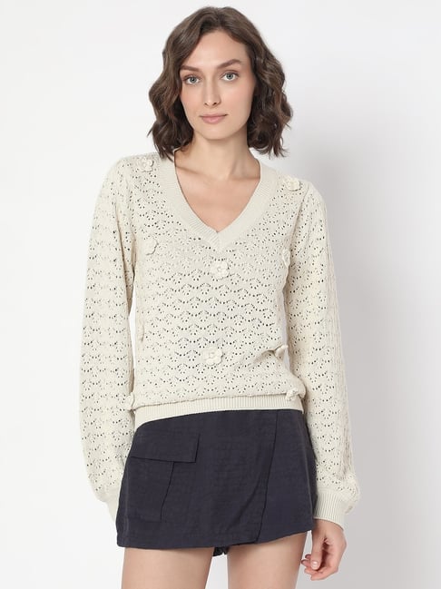 Vero Moda White Cotton Self Design Full Sleeves Sweater-picture-26