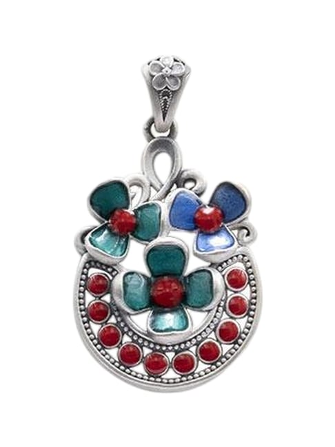 Rihi by P.C. Chandra Jewellers 925 Oxidized Tulip Pendant with Red Beads (without Chain)