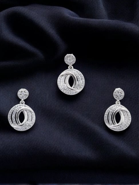 Rihi by P.C. Chandra Jewellers 925 Silver Round Shape Stone Pendant & Earring Set (without Chain)