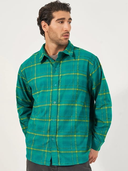 Styli Green Brushed Flannel Checkered Relaxed Fit Shirt-picture-37