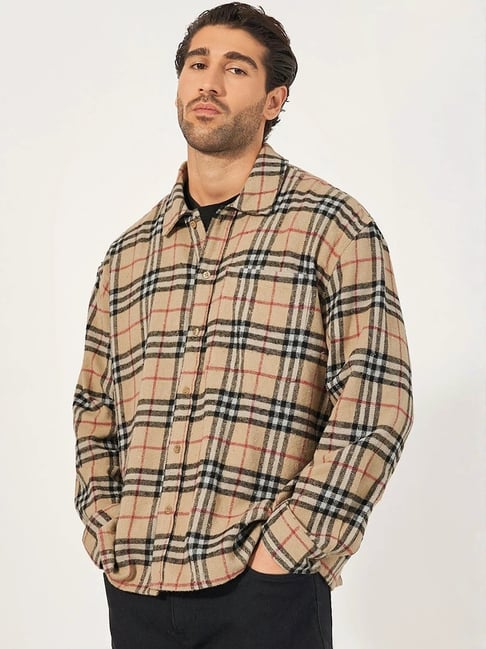 Styli Brown Heritage Brushed Flannel Checkered Oversized Shirt With Patch  Pocket